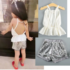 Girls Basic Solid Color Sleeveless Ruffled Backless Top And Sequin Shorts Set