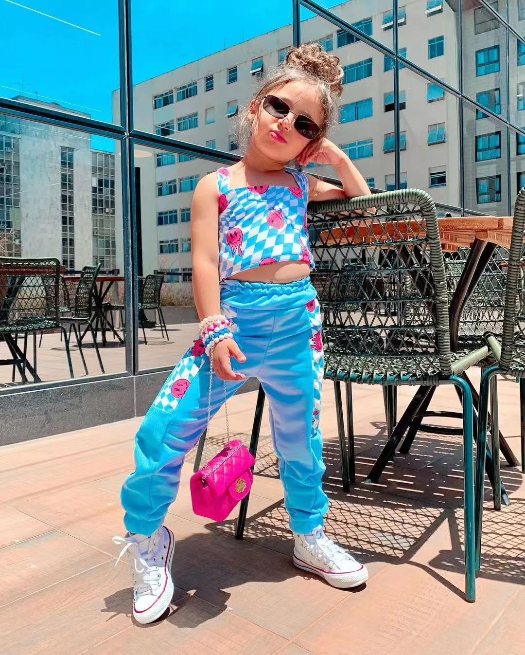 Kids Toddler Big Girls Summer Fashion Casual Cute Color Matching Playd Smiley Face Vest Trousers Set