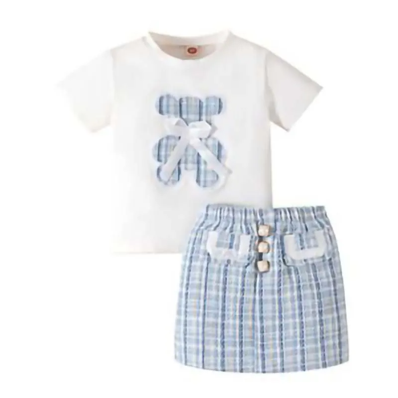 Kids Toddler Girls Summer Casual Cute Bow Cartoon Bear Pattern Short Sleeve Round Neck T-Shirt Stripe Skirt Sets