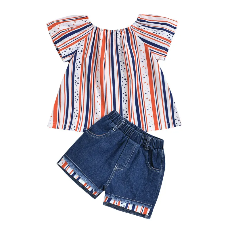 Children Kids Baby Fashion Girls Independence Day Flag Short Sleeve Star Print Top And Shorts 2pcs Set