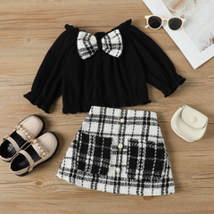 Children Kids Toddlers Girls Bowknot Tops And Plaid Skirts 2pc Set