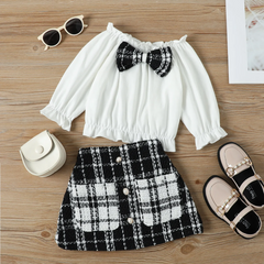 Children Kids Toddlers Girls Bowknot Tops And Plaid Skirts 2pc Set