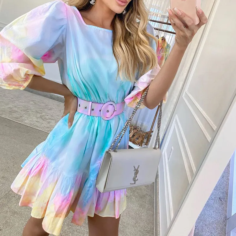 Women Fashion Tie Dye Puff Sleeve Flounced Swing Dress