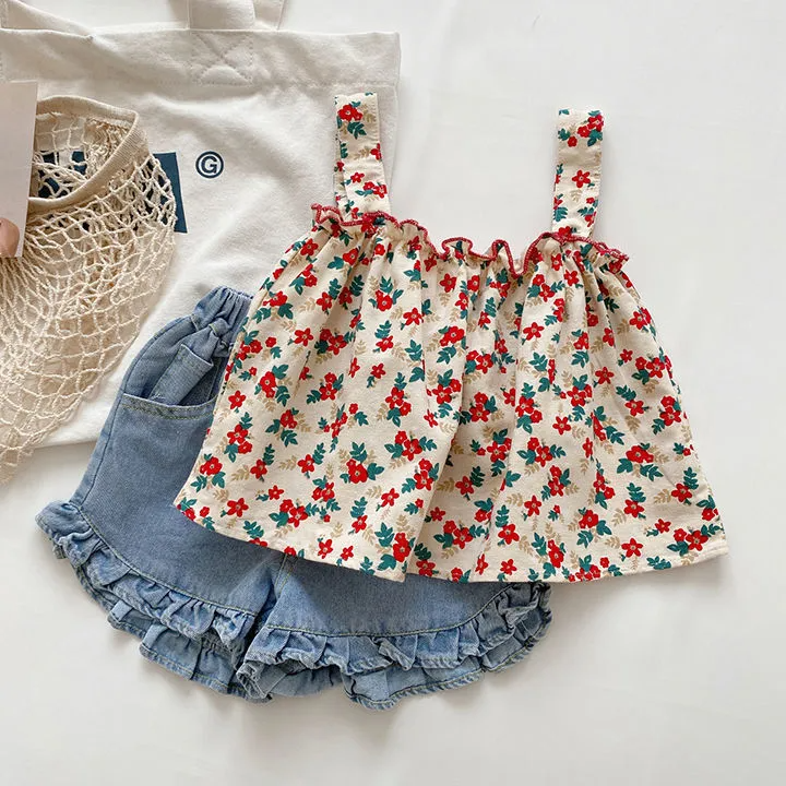 Girls Fashion Tiny Flower Printed Camisole And Shorts Two Pieces Set