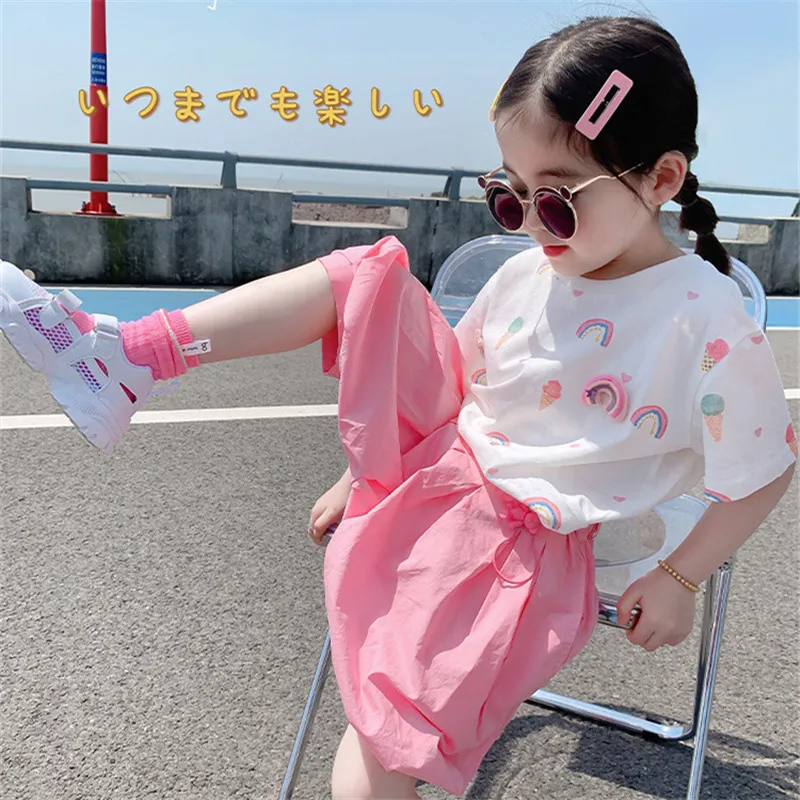 Children Kids Baby Fashion Girls Short Sleeve Cartoon Rainbow Print T-Shirt And Shorts 2pcs Set