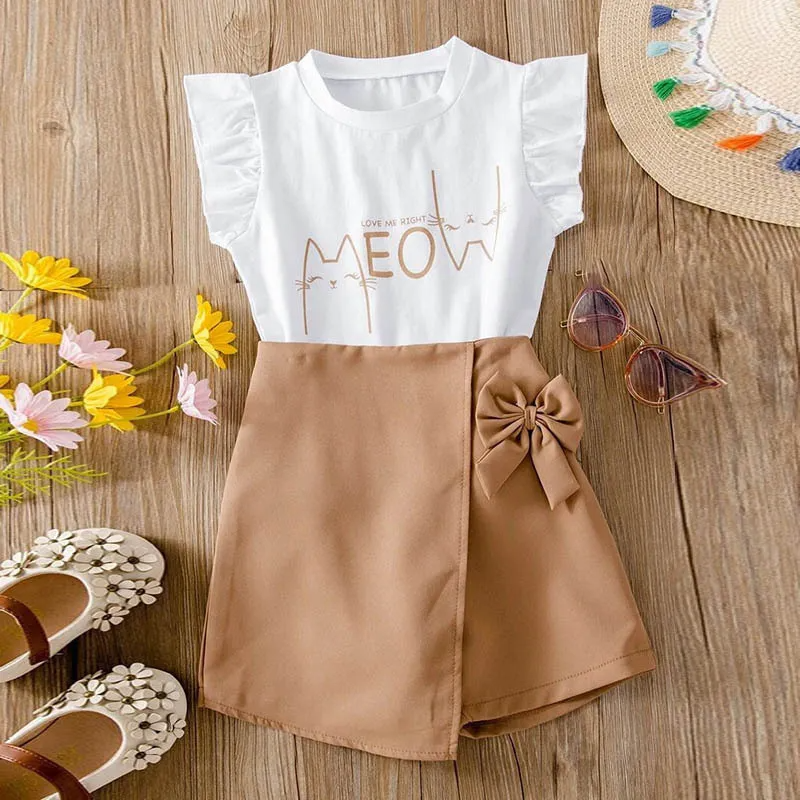 Kids Toddler Girls Summer Casual Cute Sleeveless Letter Round Neck T-Shirt Bow Shorts Sets