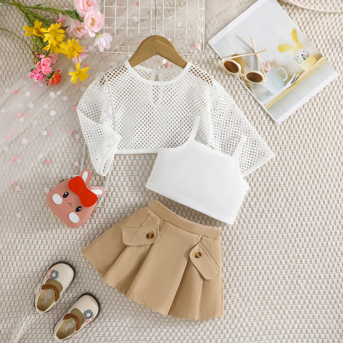 Kids Toddler Girls Summer Casual Cute Solid Color Mesh Long Sleeve Top Camisole Skirt 3-Piece Set