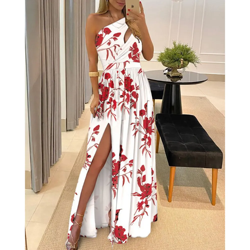 Women Fashion Sexy Oblique Shoulder Hollow-Out Maxi Dress