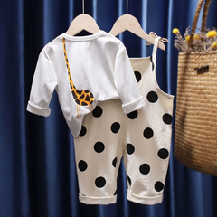 Children Kids Toddlers Girls Long Sleeves Giraffe Print T-Shirt And Dot Overalls 2pcs Set