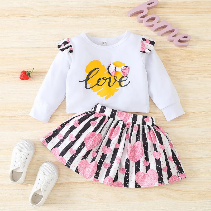 Kids Toddler Girls Casual Cute Sweet Letter Heart Print Long Sleeve Round Neck Sweatshirts Skirt Set