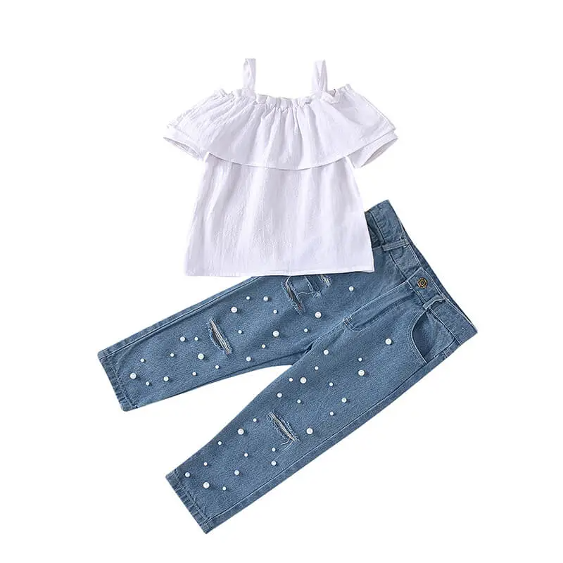 Kids Toddler Girls Fashion Off-The-Shoulder Tops And Pearl Decor Jeans Set