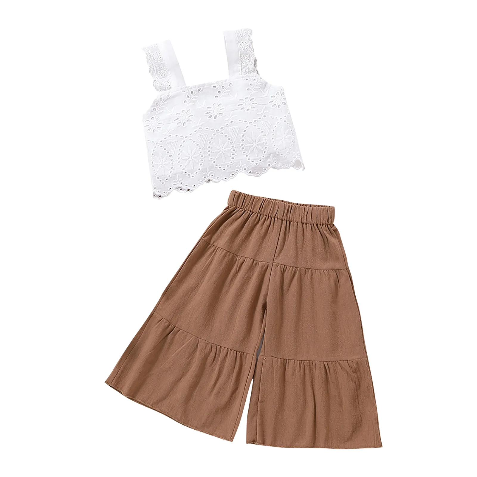 Kids Baby Toddler Girls Casual Ruffle Sleeveless Top And Wide Leg Pants Two-Piece Set