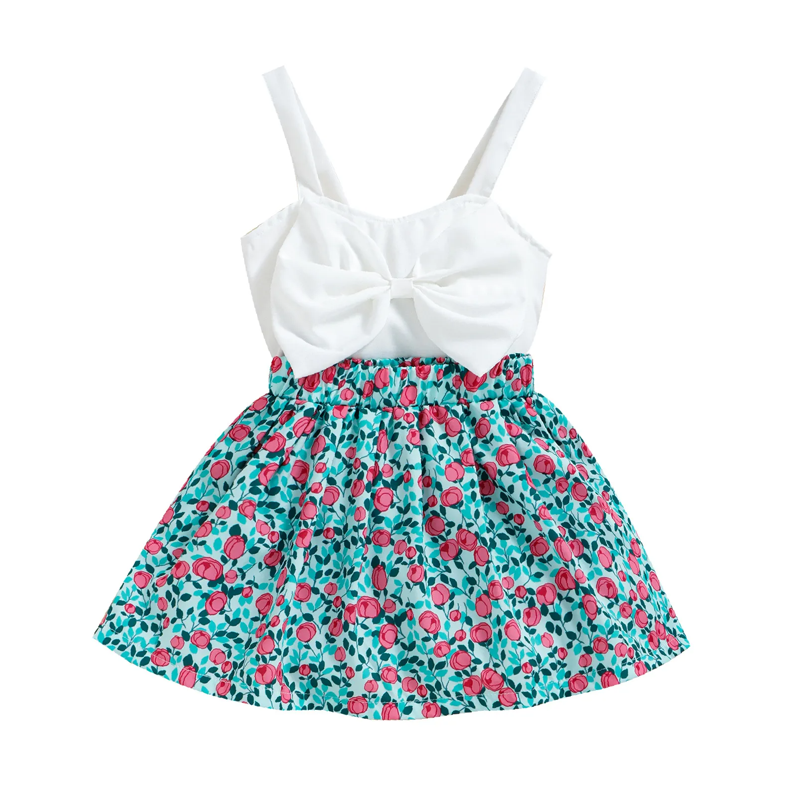 Kids Toddler Girls Summer Casual Cute Bow Solid Color Cami Vest Tiny Flower Skirt Sets