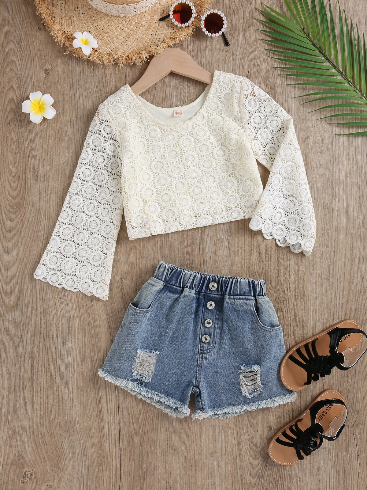 Children Kids Toddlers Fashion Girls Lace Hollow Top And Denim Ripped Shorts 2pcs Set