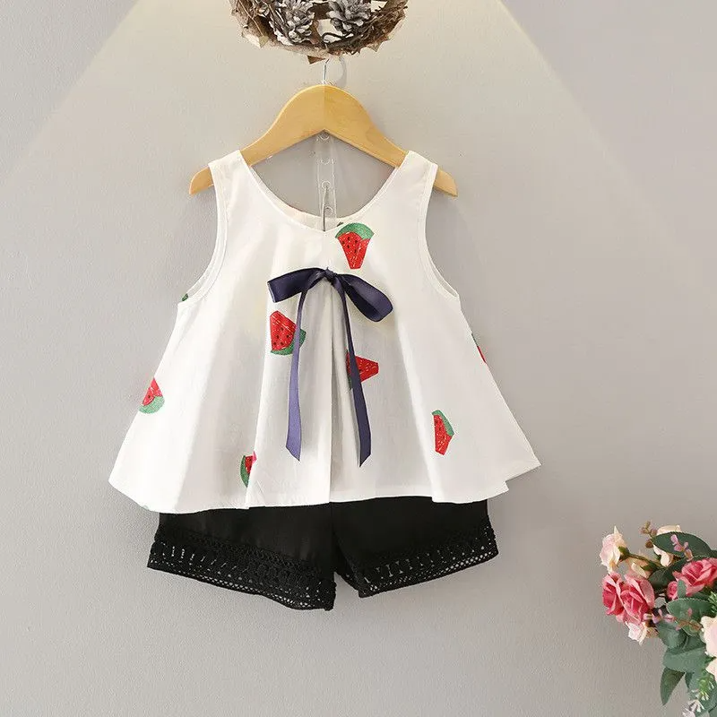 2 Pcs Set Girl Watermelon Print Sleeveless Tops And Shorts