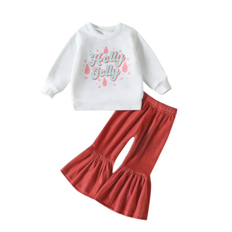 Kids Baby Girls Casual Cute Sweet Letters Print Long Sleeve Round Neck Sweatshirts Flare Trousers Set