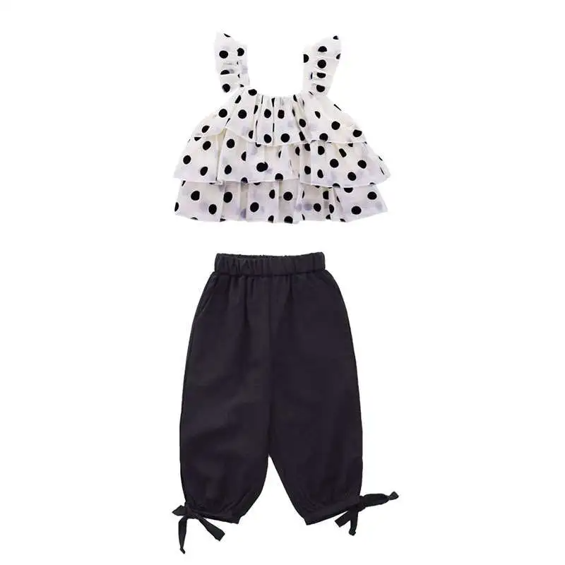 2pcs/Set Girls Summer Polka Dot Print Ruffle Tanks And Pants