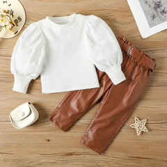 Children Kids Baby Fashion Girls Long Sleeve Solid Color Top And Pu Leather Pants 2pcs Set