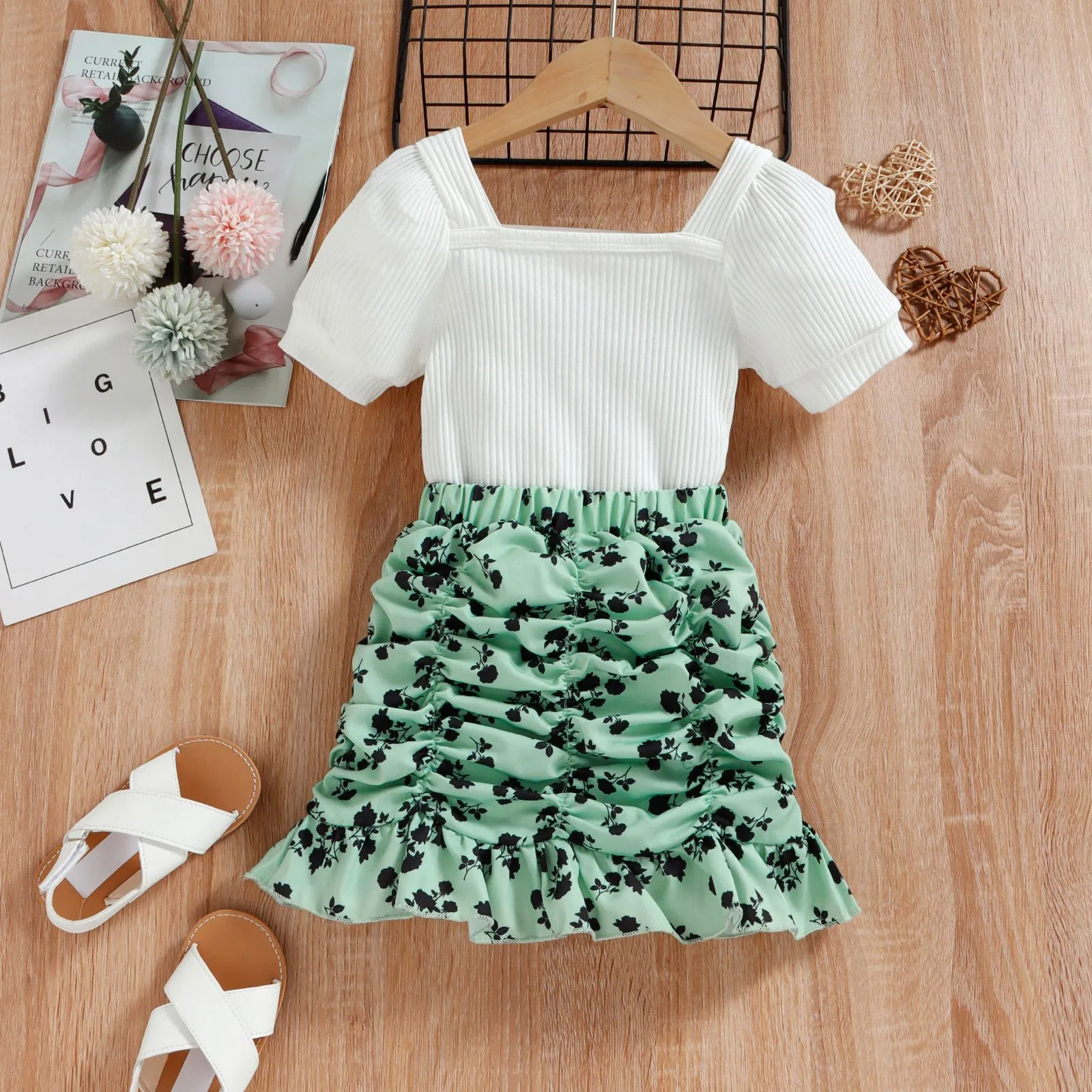 Children Kids Toddlers Fashion Girls Puff Sleeves Pit Strip Short-Sleeved Top And Pleated Fishtail Skirt 2pcs Set