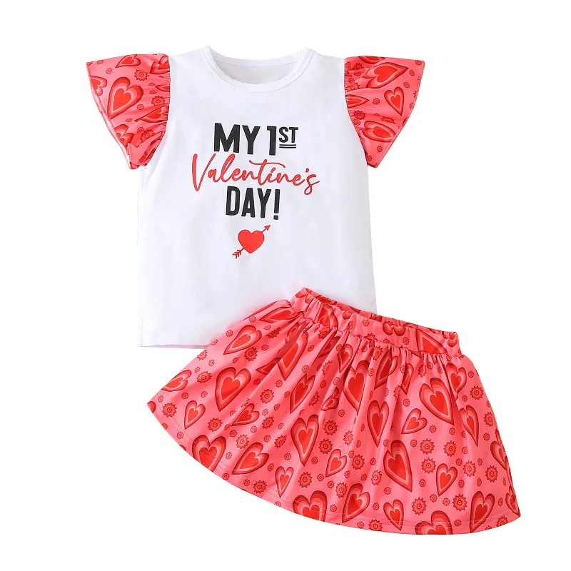 Kids Toddler Girls Casual Cute Sweet Letter Heart Print Short Sleeve Round Neck T-Shirt Skirt Set