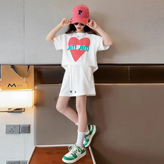 Children Kids Youth Fashion Girls Round Neck Short Sleeve Heart Print T-Shirt And Shorts Two-Piece Set