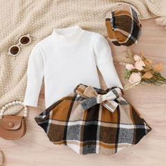 Kids Toddler Girls Fashion Casual Solid Color Stripe Long Sleeve Round Neck T-Shirt Plaid Short Skirt Sets