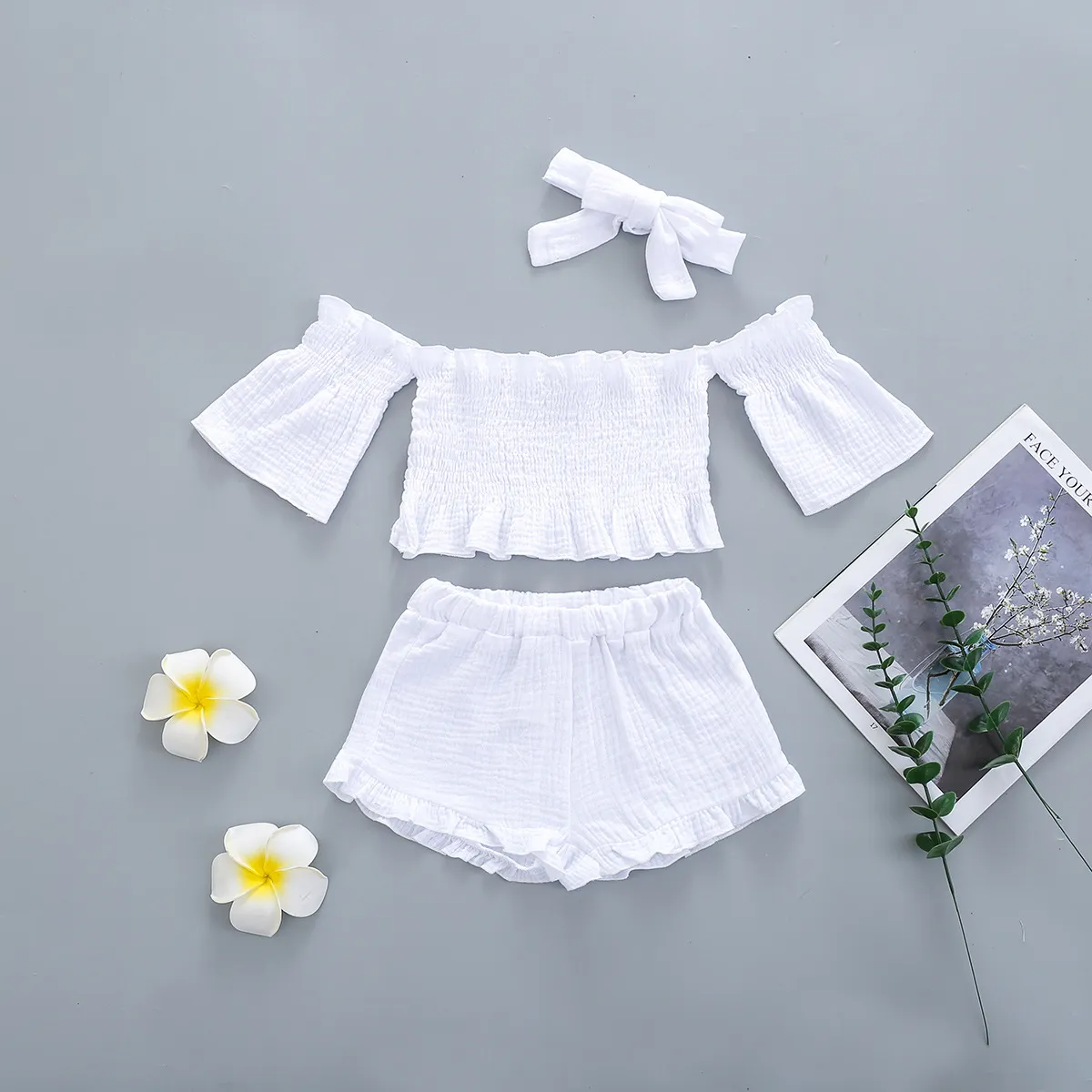 Children Girl Solid Color Shoulder Two-Piece Set