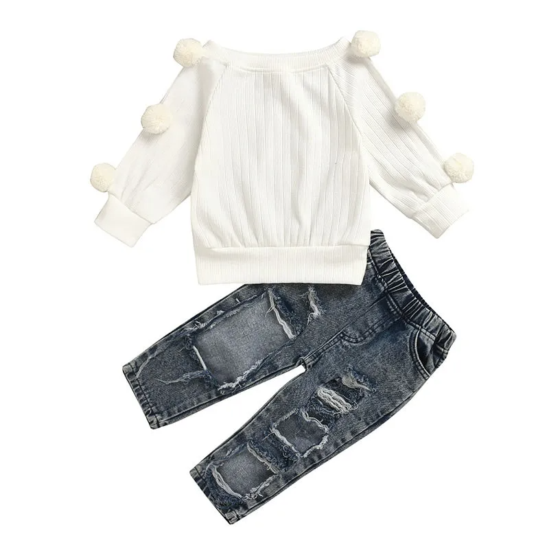 Girl Knitted Pompom Decor Long Sleeve Tops And Ripped Jeans Set