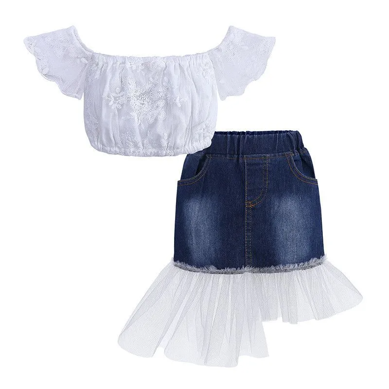 2 Pcs Set Fashion Girl Off-Shoulder Tops And Denim Skirts