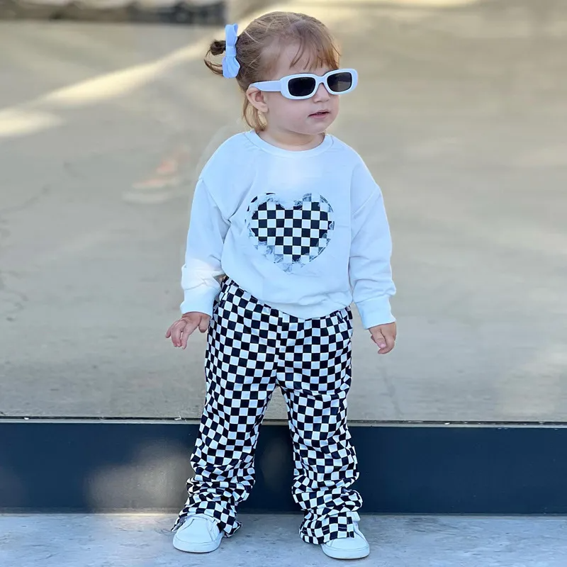 Children Kids Toddlers Girls Long Sleeve Love Top And Plaid Pants 2pcs Set