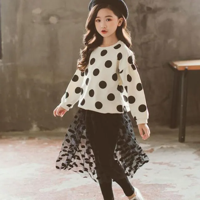 2 Pcs Set Junior Girl Black Dot Print Tops And Patchwork Pants