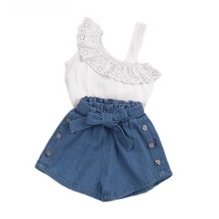 Children Kids Baby Fashion Girls Casual One Shoulder Strap Sleeveless Lace Top And Shorts 2pcs Set