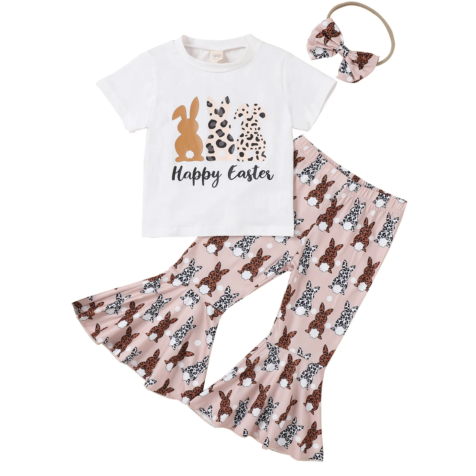 Kids Toddler Girls Casual Cute Easter Alphabet Cartoon Rabbit Print Short Sleeve Round Neck T-Shirt Flare Trousers Set