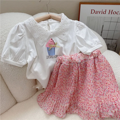 Children Kids Baby Fashion Girls Casual Short Sleeve Cartoon Ice Cream Print Top And Flower Skirt 2pcs Set