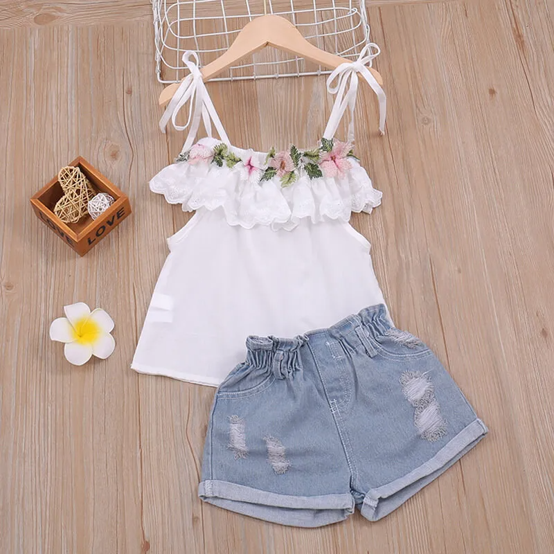 Girls Fashion Off-The-Shoulder Flower Decor Tops And Ripped Jean Shorts Set