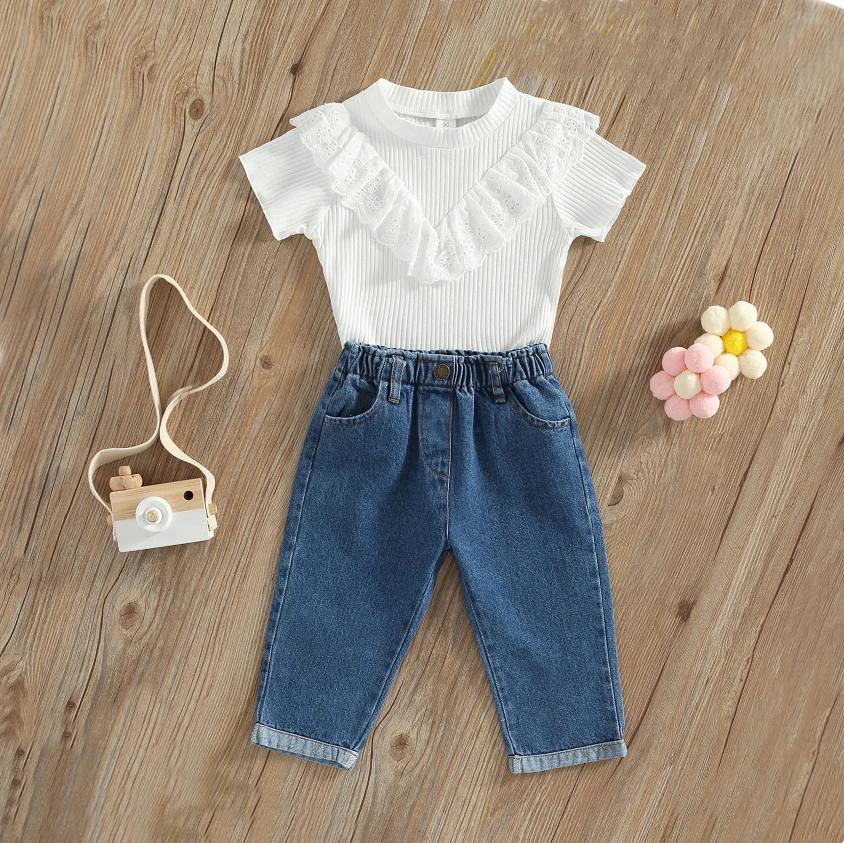 Children Kids Toddlers Fashion Girls Short Sleeve Solid Color Pit Strip T-Shirt And Denim Pants 2pcs Set