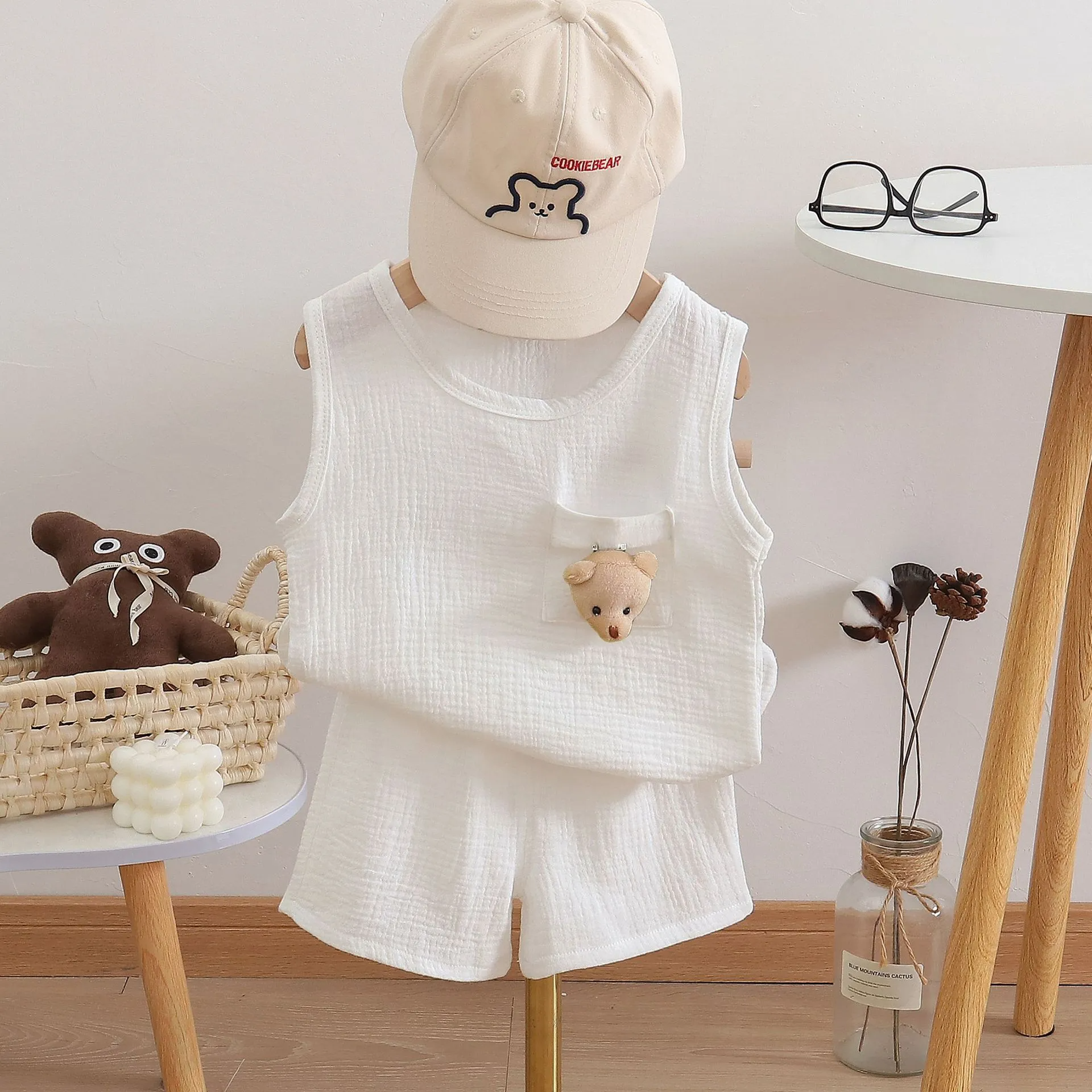 Kids Toddler Girls Boys Summer Fashion Casual Solid Color Bear Pendant Round Neck Sleeveless Vest Shorts Set