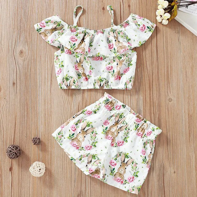 2 Pcs Set Girl Flower Rabbit Print Tops And Shorts