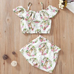 2 Pcs Set Girl Flower Rabbit Print Tops And Shorts