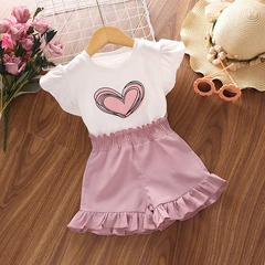 Children Kids Baby Fashion Ruffle Sleeve Heart Top And Pink Shorts 2pcs Set