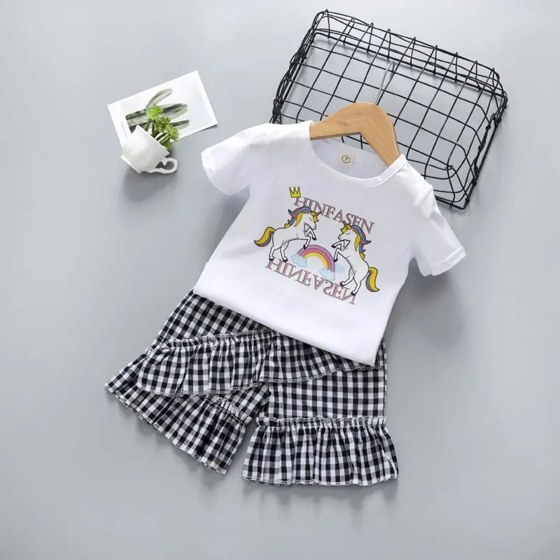 Girls Printing Short-Sleeves T-Shirt And Plaid Shorts Set