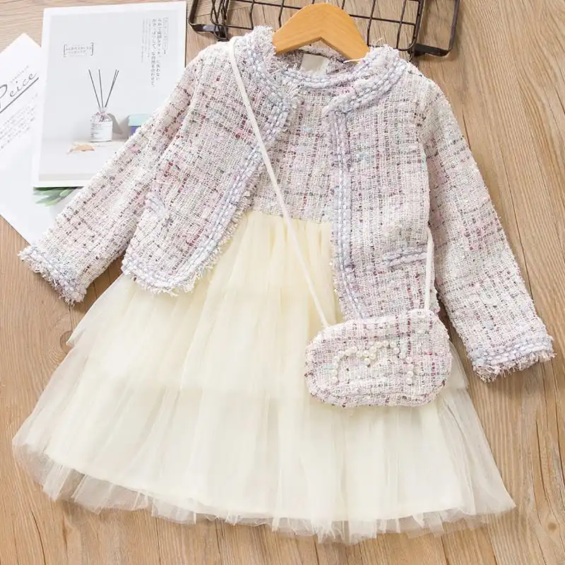 Girls Sleeveless Mesh Spliced And Long-Sleeves Coat With Bag Set