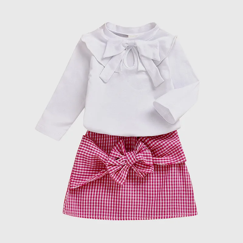 Girl Solid Color Bownot Decor Top And Plaid Skirt Set