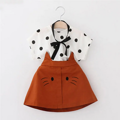 Girls Cute Polka Dot T-Shirt And Cat Pattern Skirt Set