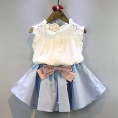 Kids Hollow Design Sleeveless Tops And Pearl Decoration Skirt Set