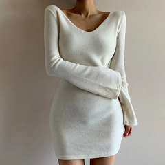 Women Casual Solid Color Long Sleeve V Neck Bodycon Dress