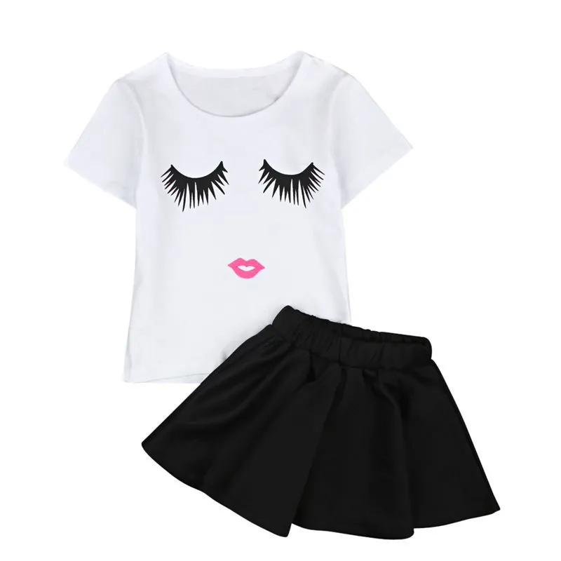 2 Pcs Set Girl White T-Shirts And Black Skirts