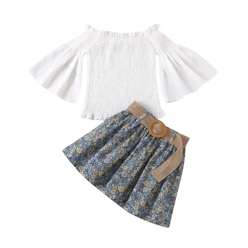 Kids Flared Sleeve Design Tops And Floral Pattern Pleated Skirt With Belt Set