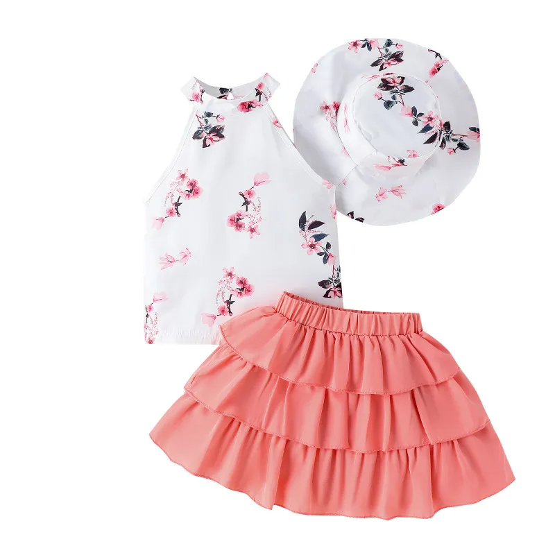 Kids Toddler Girls Casual Cute Floral Print Sleeveless Halter Neck Top Skirt Set