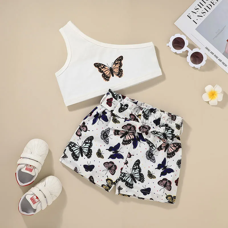 Girls Fashion One Shoulder Design Butterfly Pattern Tops And Shorts Set